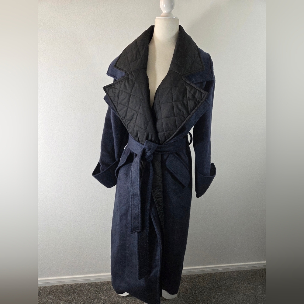 MISSGUIDED Navy Updated Trench Coat Belted Quilted Lapel Longline Brushed Jacket